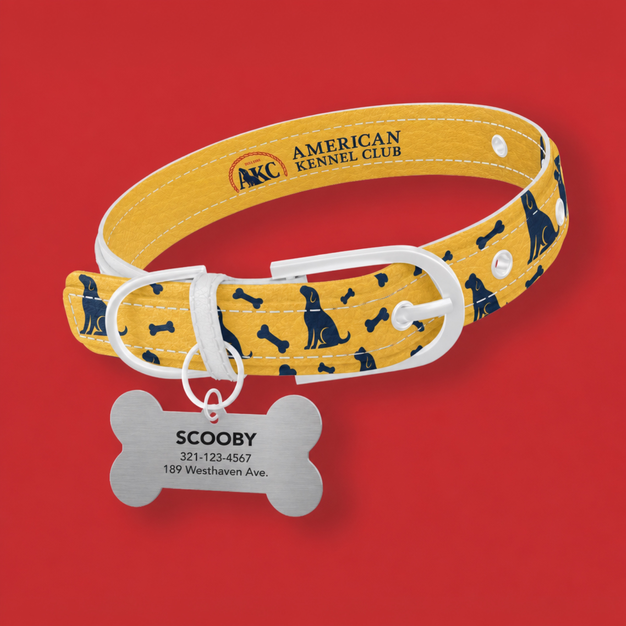 Yellow AKC patterned dog collar and identification tag