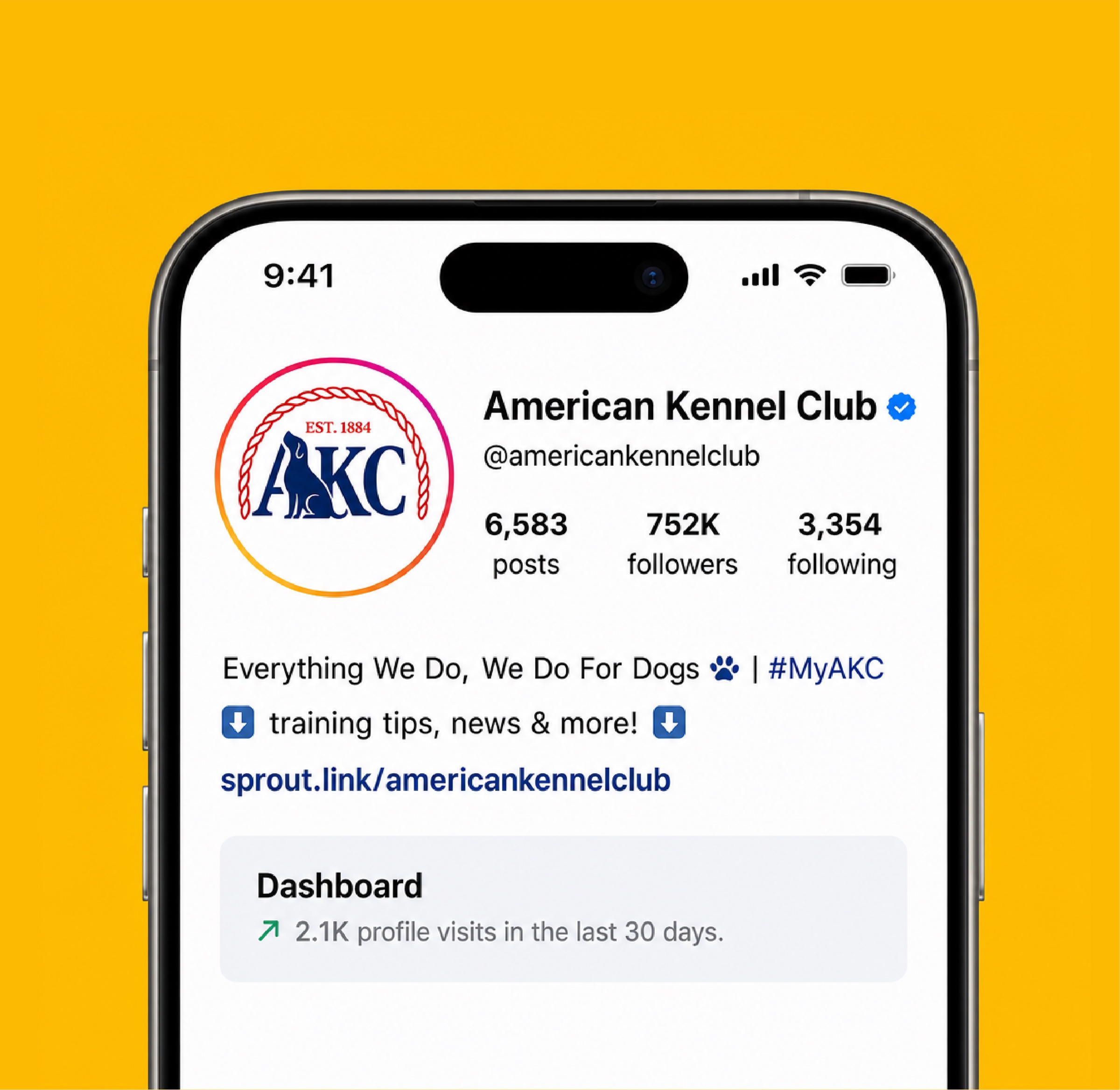 AKC social media profile shown on a phone