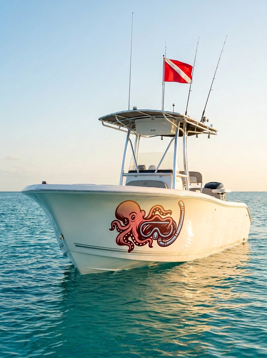 White Bantey Cay snorkel and dive boat on clear tropical water