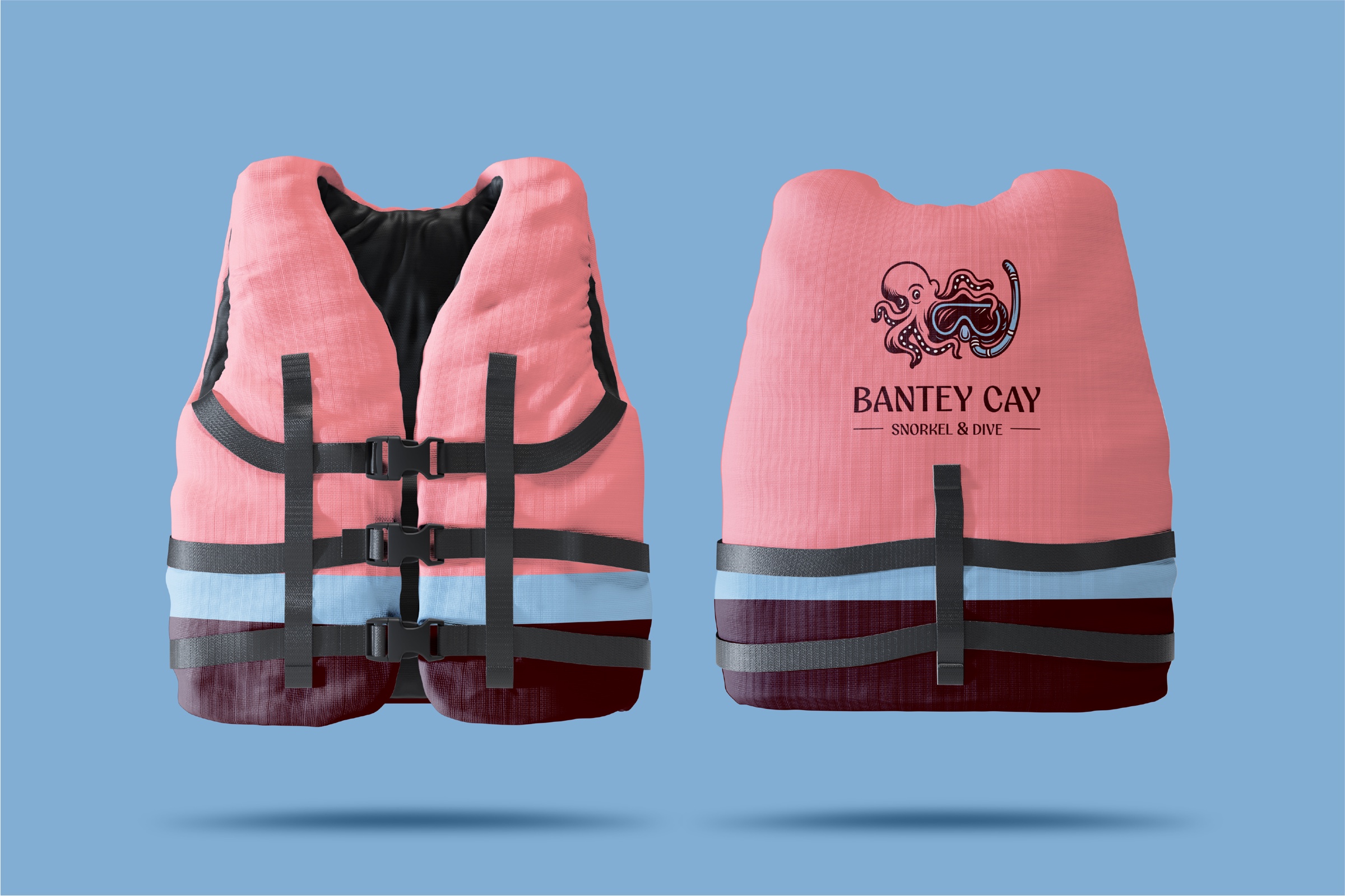 Pink and blue Bantey Cay branded life vest shown front and back