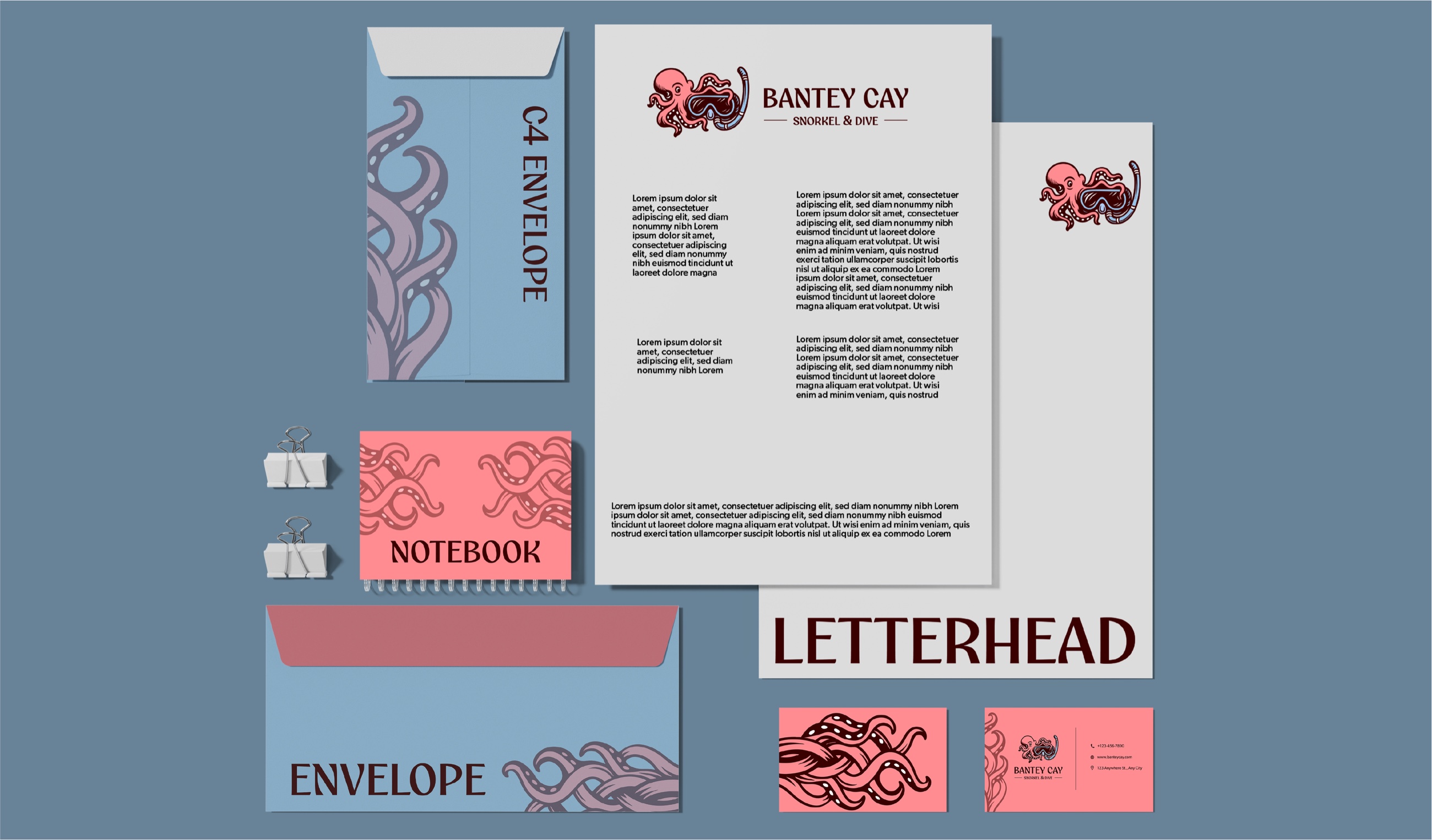Bantey Cay stationery, notebook, letterhead, and envelope system