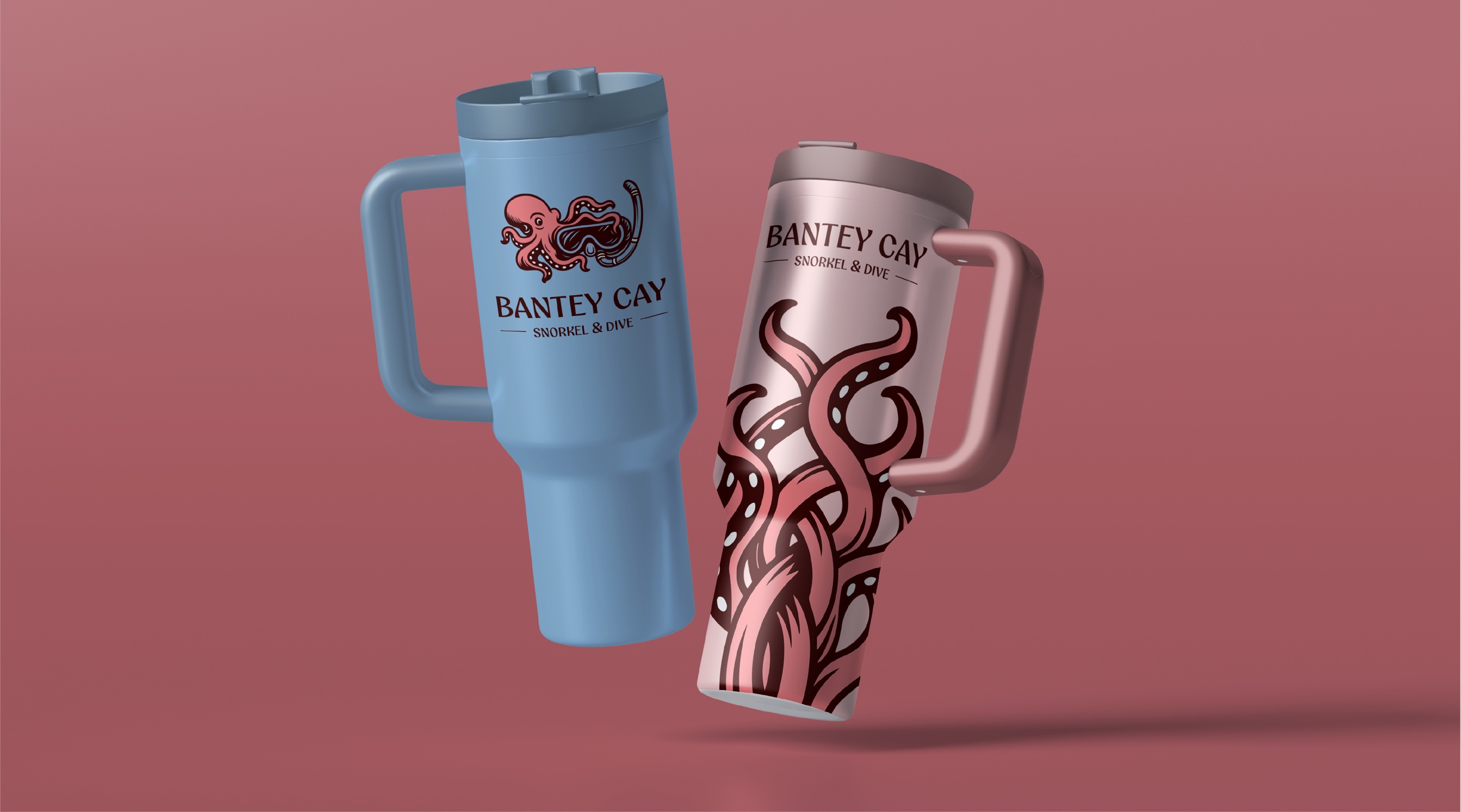 Blue and pink Bantey Cay branded tumblers
