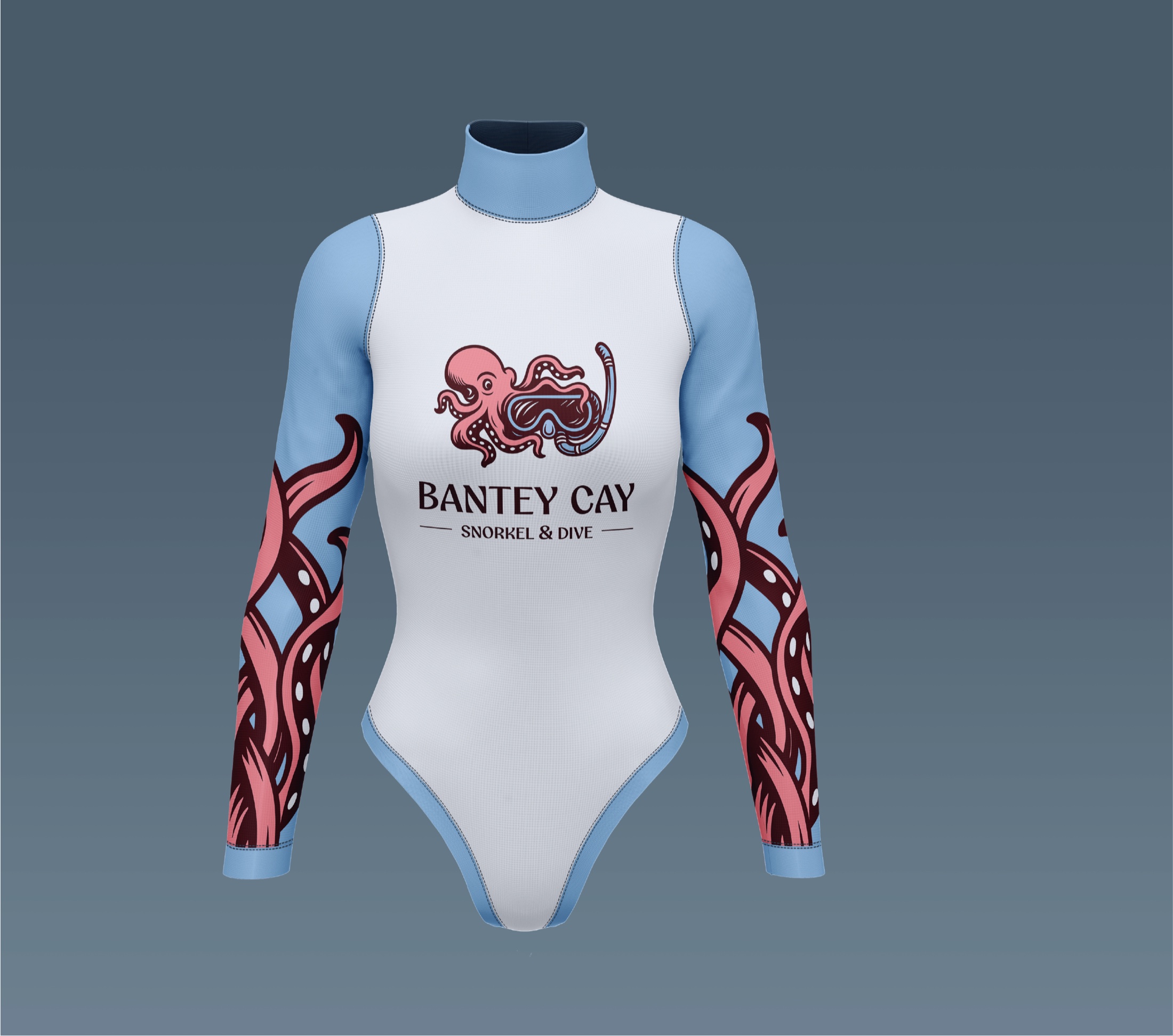 Bantey Cay branded wetsuit on a slate-blue background