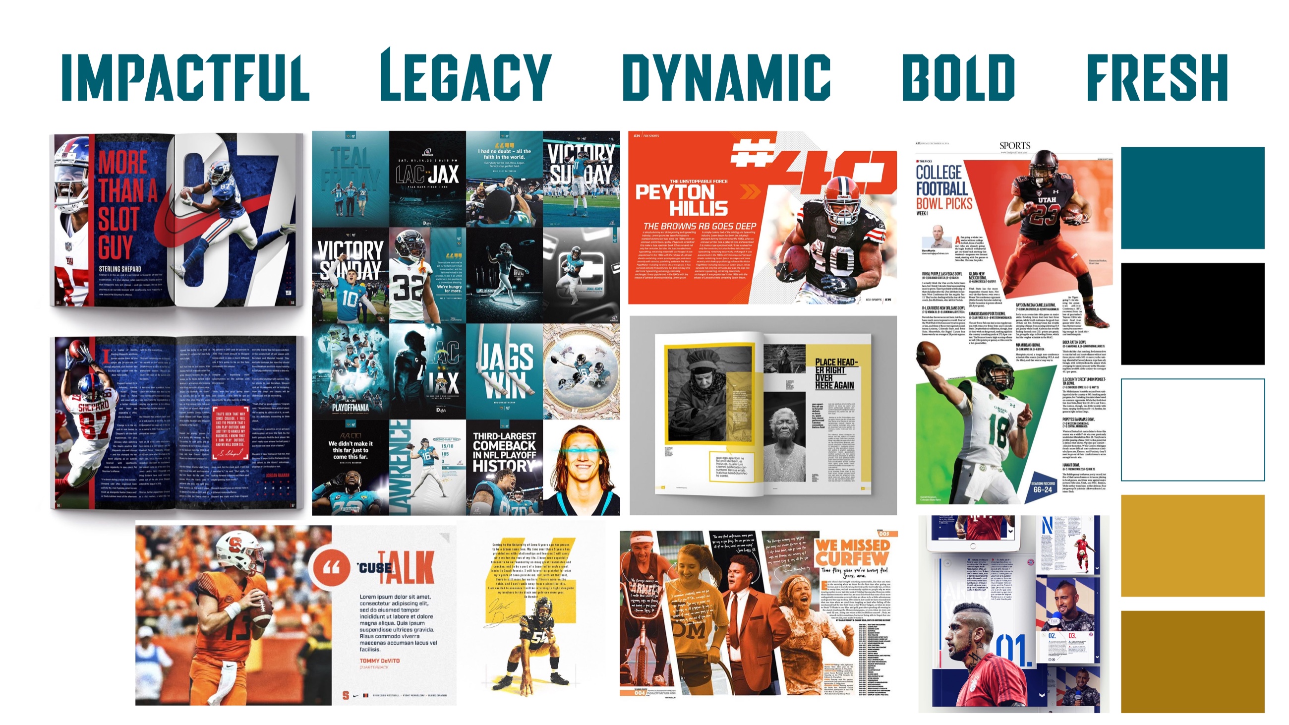 Jacksonville Jaguars editorial moodboard exploring impactful, legacy, dynamic, bold, and fresh visual directions
