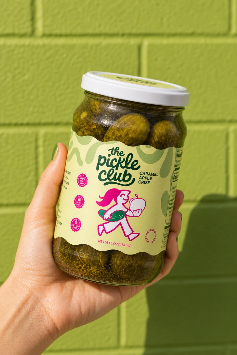 Caramel apple crisp Pickle Club jar on green