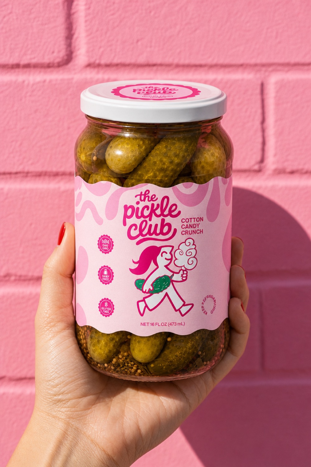 Cotton candy crunch Pickle Club jar on pink