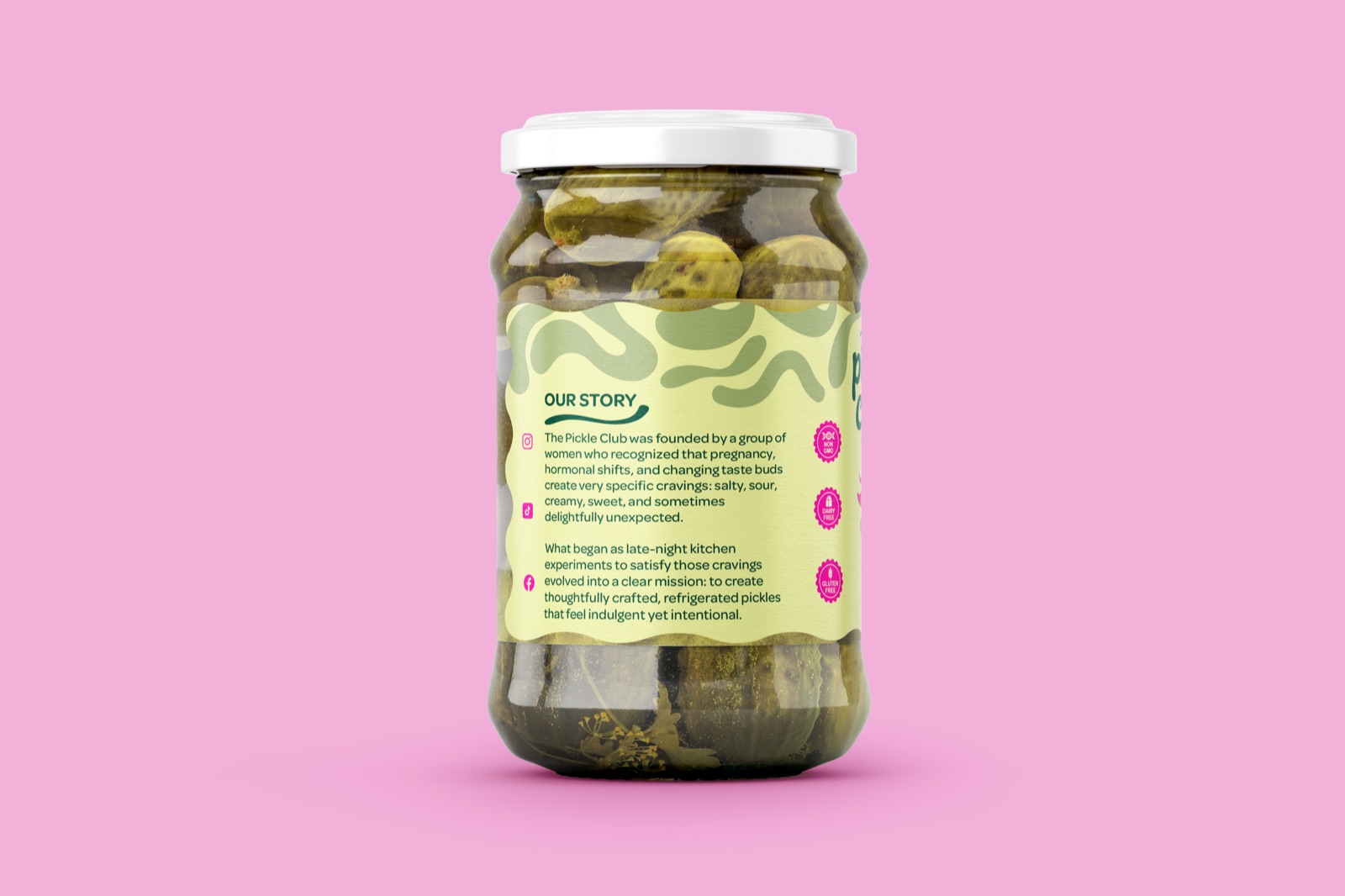 Back view of a Pickle Club jar on pink