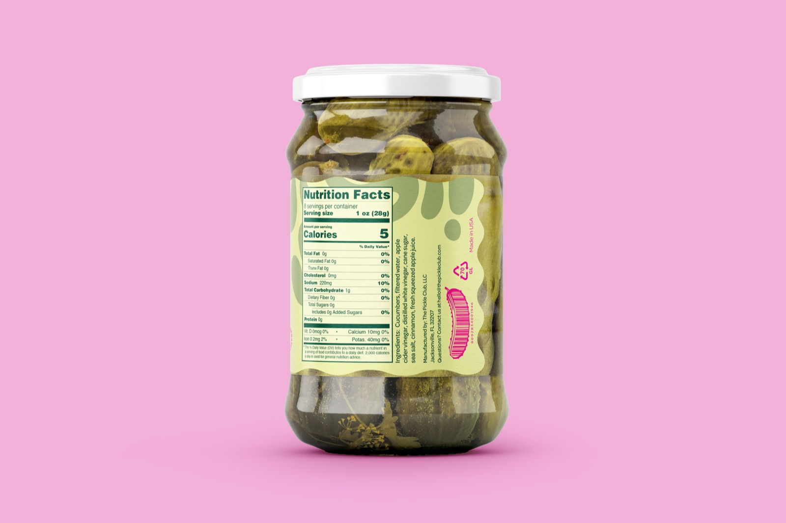 Front view of a Pickle Club jar on pink